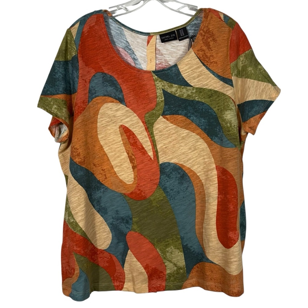 Rachel Zoe 100% Cotton Breathable Art Deco Colorful Short Sleeve Tee NWT Plus 1X
